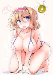 Rule 34 | 1girl, ?, alice margatroid, arm support, bikini, blonde hair, blue eyes, blush, breasts, cleavage, coin, collarbone, commentary request, covered erect nipples, curvy, dated, full body, fumitsuki (minaduki 6), hairband, heart, heart-shaped pupils, heavy breathing, hypnosis, kenzen, kneeling, large breasts, lolita hairband, mind control, o-ring, o-ring bikini, o-ring bottom, open mouth, signature, solo, spoken question mark, sweat, swimsuit, symbol-shaped pupils, tiptoes, touhou, wide hips