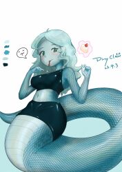 Rule 34 | 1girl, ^ ^, artist name, black shirt, black skirt, blue background, blue eyes, blue hair, body fur, breasts, cake, chinese commentary, closed eyes, color guide, crop top, dated, food, fruit, holding, holding spoon, lamia, looking at viewer, medium breasts, midriff, monster girl, navel, original, saliva, scales, shirt, skirt, smile, solo, speech bubble, spoon, strawberry, tongue, tongue out, zhuazi zangle