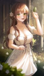 Rule 34 | 1girl, absurdres, blurry, blurry background, blurry foreground, blush, breasts, brown hair, bush, cleavage, collarbone, cowboy shot, dappled sunlight, dress, flower, forest, green eyes, hair flower, hair ornament, highres, hini ni, holding, holding leaf, large breasts, leaf, long hair, nature, off-shoulder dress, off shoulder, open mouth, original, sidelocks, smile, solo, standing, sunlight, teeth, upper teeth only, white dress, white flower