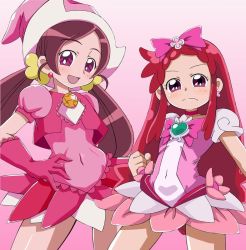 Rule 34 | boots, brooch, company connection, cosplay, costume switch, crossover, cure blossom, cure blossom (cosplay), gloves, hanasaki tsubomi, harukaze doremi, harukaze doremi (cosplay), hat, heart, heart brooch, heartcatch precure!, jewelry, long hair, magical girl, ojamajo doremi, parody, pink eyes, pink hair, precure, red hair, toei animation, twintails