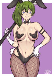 Rule 34 | 1girl, animal ears, bare shoulders, black bow, black pasties, bow, breasts, collarbone, covered erect nipples, fake animal ears, fishnet thighhighs, fishnets, gloves, green hair, hand on own hip, holding, holding weapon, leotard, long hair, looking at viewer, medium breasts, navel, pasties, playboy bunny, purple eyes, rabbit ears, rabbit tail, redjet, side ponytail, simple background, smile, sousou no frieren, tail, thighhighs, two-tone background, ubel (sousou no frieren), weapon, white gloves