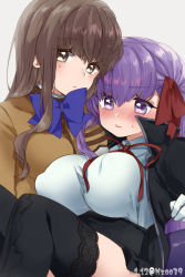 Rule 34 | 2girls, artist name, bb (fate), bb (fate/extra), blue bow, blush, bow, breasts, brown eyes, brown hair, brown shirt, closed mouth, commentary request, eyelashes, fate/extra, fate/extra ccc, fate (series), gloves, hair between eyes, kishinami hakuno (female), large breasts, lips, long hair, long sleeves, looking at viewer, looking down, lying on person, multiple girls, osakana (rrg0123), purple eyes, purple hair, shirt, simple background, thighhighs, tsukumihara academy uniform (fate/extra), twitter username, white background, white gloves, white shirt, yuri