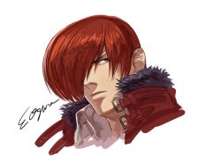 Rule 34 | 1boy, absurdres, artist name, birthday, collar, fur collar, highres, male focus, official art, ogura eisuke, portrait, red eyes, red hair, signature, simple background, sketch, snk, solo, solo focus, the king of fighters, the king of fighters xiv, yagami iori
