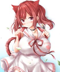 Rule 34 | 1girl, absurdres, animal ears, azur lane, black choker, blush, breast pocket, breasts, cat ears, cat tail, choker, dress, highres, huge breasts, i-19 (azur lane), i-19 (departure&#039;s gentle breeze) (azur lane), leaf, long hair, looking at viewer, neck bell, pocket, red eyes, red hair, shiraishi mamim, short dress, simple background, smile, solo, tail, white dress