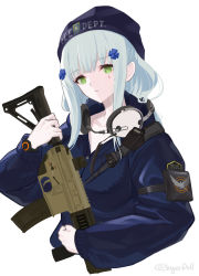 Rule 34 | 1girl, 416 day, agent 416 (girls&#039; frontline), agent 416 (shield of manhattan) (girls&#039; frontline), assault rifle, blue hair, blue hat, blue jacket, closed mouth, commentary, cropped torso, girls&#039; frontline, green eyes, gun, h&amp;k hk416, hair ornament, hairclip, hat, headphones, headphones around neck, highres, hk416 (girls&#039; frontline), holding, holding gun, holding weapon, ingerdoll, jacket, light blue hair, long hair, long sleeves, looking at viewer, police hat, rifle, solo, teardrop facial mark, teardrop tattoo, tom clancy&#039;s the division, twitter username, upper body, weapon, white background