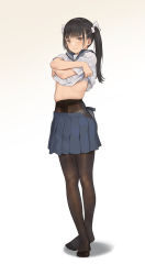 1girl, absurdres, bangs, beige background, black hair, blue sailor collar, blue skirt, blush, bra, bra peek, brown eyes, brown legwear, cancer (zjcconan), closed mouth, commentary request, crossed ankles, frown, full body, gradient, gradient background, hair ribbon, hands up, highres, lifted by self, long hair, looking at viewer, miniskirt, no shoes, open clothes, open skirt, original, panties, panties under pantyhose, pantyhose, pleated skirt, ribbon, sailor collar, school uniform, serafuku, shirt, shirt lift, short sleeves, skirt, skirt pull, solo, standing, stomach, twintails, underwear, undressing, white background, white bra, white panties, white ribbon, white shirt