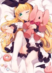 Rule 34 | 1girl, ;3, bed sheet, black bow, black ribbon, blonde hair, blush, bow, bowtie, candy, closed mouth, doughnut, dress, food, frilled dress, frills, green eyes, hair ribbon, highres, lollipop, long hair, long sleeves, lying, mononobe alice, nahaki, nijisanji, no shoes, hugging object, on back, one eye closed, outstretched arm, red bow, red bowtie, ribbon, solo, stuffed animal, stuffed rabbit, stuffed toy, thighhighs, very long hair, virtual youtuber, white dress, white thighhighs