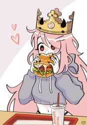 Rule 34 | 1girl, burger, burger king, crown, heart, highres, long hair, megrocks, original, pink hair, solo, upper body
