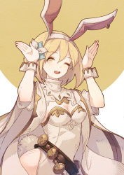 Rule 34 | 10s, 1girl, ;d, animal ears, belt, blonde hair, breasts, cape, cleavage, djeeta (granblue fantasy), earrings, fake animal ears, flower, granblue fantasy, hair flower, hair ornament, hairband, highres, jewelry, leotard, looking at viewer, medium breasts, one eye closed, open mouth, playboy bunny, rabbit ears, rabbit pose, rabbit tail, sage (granblue fantasy), sho (gohan), short hair, simple background, single earring, smile, solo, tail, wrist cuffs