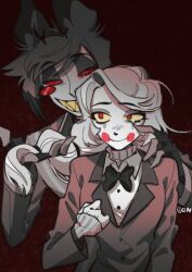 Rule 34 | 1boy, 1girl, alastor (hazbin hotel), blonde hair, charlie morningstar, clenched hand, colored sclera, commentary, evil grin, evil smile, formal, grin, hand on another&#039;s face, hazbin hotel, highres, long hair, monocle, on hh, playing with another&#039;s hair, red eyes, red sclera, sharp teeth, short hair, smile, sweater under shirt, symbol-only commentary, teardrop, teeth, yellow sclera