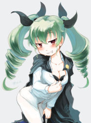 Rule 34 | 10s, 1girl, anchovy (girls und panzer), black bra, black panties, blush, bra, breasts, cape, cleavage, collarbone, drill hair, fang, girls und panzer, green hair, grin, hair ribbon, highres, kannasetsuna, lace, lace-trimmed bra, lace trim, long hair, looking at viewer, medium breasts, military, military uniform, panties, panties under pantyhose, pantyhose, red eyes, ribbon, school uniform, simple background, smile, solo, twin drills, twintails, underwear, undressing, uniform, white pantyhose