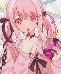 Rule 34 | 1other, akiyama mizuki, alternate hairstyle, androgynous, bad id, bad twitter id, black choker, box, chocolate, choker, fortuna j, gift, gift box, long eyelashes, long hair, looking at viewer, nail polish, open mouth, other focus, pink eyes, pink hair, pink nails, project sekai, sidelocks, solo, sweater vest, twintails, valentine