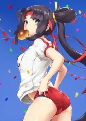 Rule 34 | 1girl, ass, black hair, blue eyes, blue panties, blunt bangs, blurry, blush, bread, buruma, colosseum, commentary, confetti, day, depth of field, fate/grand order, fate (series), food, food in mouth, from side, gym shirt, gym uniform, headband, long hair, looking at viewer, looking back, mouth hold, name tag, outdoors, panties, panties under buruma, parted bangs, pennant, pinta (ayashii bochi), red buruma, shirt, short sleeves, sidelocks, solo, thighs, underwear, ushiwakamaru (fate), white shirt