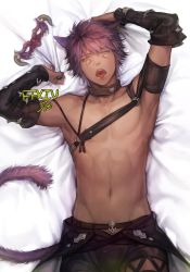 Rule 34 | 1boy, abs, animal ears, arm up, armpits, warrior of light (ff14), bare shoulders, bed sheet, cat boy, cat ears, cat tail, collar, collarbone, copyright name, cowboy shot, detached sleeves, facial mark, fictional persona, final fantasy, final fantasy xiv, groin, half-closed eyes, hand up, harness, jit, looking at viewer, lying, male focus, mask, unworn mask, miqo&#039;te, navel, no nipples, on back, one eye closed, open mouth, orange eyes, pectorals, purple hair, sheet grab, short hair, shorts, solo, stomach, tail, toned, tongue, tongue out, topless male, whisker markings