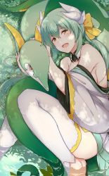 Rule 34 | 1girl, :d, bad id, bad pixiv id, bare shoulders, barefoot, between legs, blush, bow, breasts, commentary request, creatures (company), crossover, dappled sunlight, day, detached collar, detached sleeves, eyebrows, fate (series), fetal position, from above, game freak, gen 5 pokemon, green hair, hair bow, headpat, highres, horns, kiyohime (fate), kiyohime (swimsuit lancer) (first ascension) (fate), long hair, long sleeves, looking at viewer, lying, medium breasts, nintendo, off shoulder, on ground, on side, open mouth, outdoors, pokemon, pokemon (creature), pokemon bw, red eyes, serperior, sideboob, sidelocks, smile, snake, soaking feet, suisen toire (moko924), sunlight, thighhighs, toeless legwear, water, white thighhighs, wide sleeves, yellow bow, yellow eyes