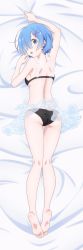 Rule 34 | 10s, 1girl, absurdres, ass, back, barefoot, bed sheet, black panties, blue eyes, blue hair, dakimakura (medium), feet, female focus, frills, from above, from behind, full body, hair over one eye, highres, long image, looking at viewer, looking back, lying, official art, on stomach, open mouth, panties, re:zero kara hajimeru isekai seikatsu, rem (re:zero), shiny skin, soles, solo, tall image, teeth, thigh gap, toes, tongue, underwear, underwear only