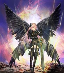 Rule 34 | 1girl, armor, armored dress, black wings, feathered wings, full body, gauntlets, greaves, grey eyes, hairband, holding, holding sword, holding weapon, long hair, looking at viewer, momose hisashi, original, pink hair, solo, standing, sword, very long hair, weapon, wings