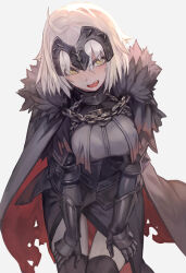 Rule 34 | 1girl, ahoge, armor, armored dress, blush, breasts, cape, chain, coat, fate/grand order, fate (series), fur-trimmed coat, fur trim, gauntlets, hands on own knees, headpiece, highres, jeanne d&#039;arc alter (avenger) (fate), jeanne d&#039;arc alter (fate), lack, large breasts, looking at viewer, open mouth, red cape, short hair, simple background, solo, thighhighs, torn cape, torn clothes, tsurime, two-tone cape, white background, white hair, yellow eyes