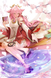 Rule 34 | 1girl, animal ears, bare shoulders, book, cherry blossoms, detached sleeves, earrings, fox ears, fox girl, genshin impact, hair ornament, highres, japanese clothes, jewelry, long hair, long sleeves, miko, necklace, okkobc, pink hair, purple eyes, yae miko
