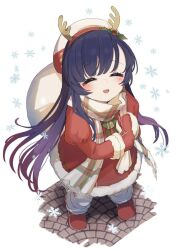 Rule 34 | 1girl, antlers, beret, black hair, blush, closed eyes, fringe trim, full body, gradient hair, hat, holding, holding sack, horns, juliet sleeves, kantai collection, long hair, long sleeves, matsuwa (kancolle), mittens, multicolored hair, one-hour drawing challenge, open mouth, puffy sleeves, red footwear, red mittens, reindeer antlers, sack, santa costume, scarf, shoes, simple background, smile, solo, standing, white background, white hat, white scarf, yamashichi (mtseven)