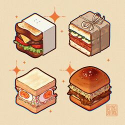 annadotpng artist_name bacon brown_background burger cheese coleslaw commentary english_commentary food food_delivery_box food_focus hardboiled_egg lettuce no_humans original salami sandwiched sesame_seeds sparkle tomato tomato_slice watermark
