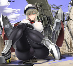 Rule 34 | 1girl, aircraft, aqua eyes, black gloves, black pantyhose, blue sky, boots, closed mouth, cloud, cloudy sky, commentary request, covered erect nipples, day, drydock, dutch angle, frown, giant, giantess, gloves, graf zeppelin (kancolle), grey hair, hat, headset, helicopter, highres, impossible clothes, impossible shirt, jacket, kantai collection, legs, long hair, long sleeves, looking at viewer, motion blur, outdoors, panties, panties under pantyhose, pantyhose, peaked cap, red jacket, rigging, saizu nitou gunsou, shirt, sitting, sky, solo, thighband pantyhose, twitter username, underwear, water, white footwear, white hat, white shirt
