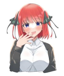 Rule 34 | 1girl, :d, black jacket, black ribbon, blue eyes, blunt bangs, blush, breasts, butterfly hair ornament, casual, commentary request, cropped torso, dress shirt, eyelashes, go-toubun no hanayome, hair ornament, hair ribbon, hand to own mouth, hand up, head tilt, highres, jacket, kakato 0, large breasts, long sleeves, looking at viewer, medium hair, nakano nino, open mouth, red hair, ribbon, shirt, smile, solo, straight-on, straight hair, tsurime, twitter username, two side up, white shirt