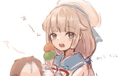 Rule 34 | 1girl, blue sailor collar, bokukawauso, commentary request, food, green eyes, grey hair, hat, ice cream, kantai collection, long hair, looking at viewer, low twintails, mikura (kancolle), otter, puffy short sleeves, puffy sleeves, sailor collar, sailor hat, sailor shirt, shirt, short sleeves, twintails, upper body, white headwear, white shirt, wss (nicoseiga19993411)