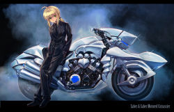 Rule 34 | 1girl, ahoge, artoria pendragon (all), artoria pendragon (fate), blonde hair, boyaking, fate/zero, fate (series), formal, motor vehicle, motorcycle, necktie, pant suit, pants, ponytail, saber (fate), solo, suit, vehicle