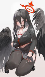 Rule 34 | 1girl, absurdres, black gloves, black hair, black shirt, black skirt, black thighhighs, black wings, blue archive, breasts, closed mouth, commentary request, cropped shirt, double-parted bangs, feathered wings, fish (red star child), gloves, half gloves, halo, hasumi (blue archive), highres, large breasts, long bangs, long hair, long sleeves, looking at viewer, low wings, midriff, red eyes, red halo, sailor collar, shirt, simple background, skirt, solo, squatting, thighhighs, thighs, white background, white sailor collar, wings