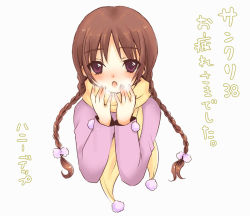 Rule 34 | 1girl, :o, braid, breath, brown hair, hair bobbles, hair ornament, long hair, long sleeves, looking at viewer, mizunomoto, open mouth, original, own hands together, red eyes, scarf, solo, sweater, twin braids, very long hair, yellow scarf