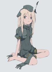Rule 34 | 1girl, barefoot, blonde hair, blue eyes, blush, clothes writing, cropped jacket, full body, garrison cap, gloves, unworn gloves, grey background, hat, headgear, kantai collection, long hair, military, military uniform, open mouth, pale skin, puffy short sleeves, puffy sleeves, shinagiku, short sleeves, simple background, sitting, solo, swimsuit, swimsuit under clothes, u-511 (kancolle), uniform