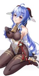 Rule 34 | 1girl, adapted costume, ahoge, alternate costume, animal ears, anzu0130, bad id, bad pixiv id, bare shoulders, bell, blue hair, blush, breasts, brown pantyhose, chinese knot, covered erect nipples, detached sleeves, flower knot, full body, ganyu (genshin impact), genshin impact, goat ears, gold trim, hand on own chest, high heels, highres, horns, leotard, long hair, looking at viewer, medium breasts, neck bell, pantyhose, parted lips, purple eyes, sidelocks, sitting, skindentation, smile, solo, thighlet, thighs, vision (genshin impact), wariza, white background, white leotard, white sleeves