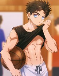 Rule 34 | 1boy, :o, abs, aged down, ball, bare pectorals, basketball (object), black hair, blue eyes, clothes pull, domo (domo kizusuki), drying, drying body, highres, holding, indoors, kokado shido (domo), looking to the side, male focus, muscular, muscular male, navel, nipples, open mouth, original, pants, pectorals, pulled by self, shirt pull, short hair, sideburns, solo, sweat, thick eyebrows, toned, toned male, track pants, upper body, white pants