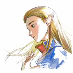 Rule 34 | 1girl, aizheajsee, blonde hair, bridal gauntlets, closed mouth, eyelashes, floating hair, from side, green eyes, hair slicked back, hand up, highres, jewelry, light smile, long hair, looking ahead, looking at viewer, nintendo, pointy ears, portrait, princess zelda, profile, ring, simple background, smile, solo, the legend of zelda, the legend of zelda: breath of the wild, tiara, white background