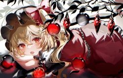 Rule 34 | 1girl, :o, apple, blonde hair, bow, branch, commentary, cropped, crystal, fangs, flandre scarlet, food, frilled skirt, frills, fruit, hat, lying, medium hair, mob cap, on stomach, one side up, puffy short sleeves, puffy sleeves, red apple, red bow, red eyes, red footwear, red skirt, red vest, sakizaki saki-p, shirt, short sleeves, skirt, skirt set, solo, touhou, vest, white shirt, wings