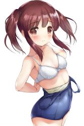 Rule 34 | 1girl, absurdres, blue one-piece swimsuit, blush, bra, breasts, brown eyes, brown hair, clothes pull, collarbone, commentary request, covered navel, cowboy shot, highres, idolmaster, idolmaster cinderella girls, kuroba aki, looking at viewer, ogata chieri, one-piece swimsuit, one-piece swimsuit pull, school swimsuit, simple background, small breasts, solo, standing, swimsuit, twintails, underwear, undressing, white background, white bra