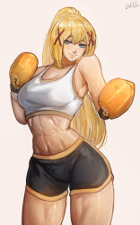 Rule 34 | 1girl, abs, bare shoulders, black shorts, blonde hair, blue eyes, boxing gloves, breasts, commentary request, cowboy shot, crop top, darkness (konosuba), gelldraws, grey background, hair ornament, highres, kono subarashii sekai ni shukufuku wo!, large breasts, linea alba, long hair, looking at viewer, midriff, muscular, muscular female, navel, short shorts, shorts, simple background, smile, solo, sports bra, standing, stomach, thighs, very long hair, x hair ornament