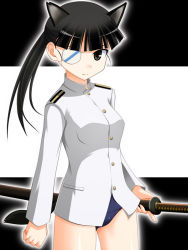Rule 34 | 00s, 1girl, animal ears, black hair, blue eyes, blunt bangs, cat ears, dog ears, dog tail, eyepatch, holding, holding sword, holding weapon, hyokkori tamago, leotard, long hair, long sleeves, looking at viewer, military, military uniform, ponytail, sakamoto mio, simple background, solo, strike witches, sword, tail, uniform, weapon, world witches series