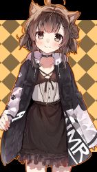 Rule 34 | 1girl, ahoge, animal ear fluff, animal ears, argyle, argyle background, argyle clothes, black jacket, black skirt, bow, brown bow, brown eyes, brown flower, brown hair, brown rose, closed mouth, collarbone, commentary request, drawstring, flower, frilled skirt, frills, hair bow, hair flower, hair ornament, highres, jacket, long sleeves, looking at viewer, open clothes, open jacket, orange outline, original, outline, rose, shirt, skirt, sleeves past wrists, smile, solo, tomozero, virtual youtuber, white shirt