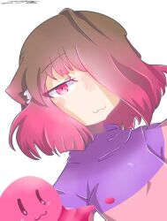 akumu_(glitchtale) animal_ears bete_noire brown_hair cat_ears glitchtale kumu_(glitchtale) neko one_eye_covered pink_eyes pink_hair pink_sweater purple_sweater short_hair sweater undertale watermark white_background