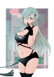 Rule 34 | 1girl, absurdres, aqua eyes, aqua hair, black thighhighs, breasts, cleavage, commission, dominatrix, finger to mouth, glasses, hair ornament, hairclip, heart, highres, honma (honmatomohiro), kantai collection, long hair, navel, one eye closed, skeb commission, smile, solo, suzuya (kancolle), thighhighs, tongue, tongue out, whip