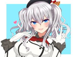Rule 34 | 1girl, absurdres, blue eyes, breasts, buttons, commentary request, epaulettes, gloves, grey hair, highres, jacket, kantai collection, kashima (kancolle), large breasts, long hair, long sleeves, military, military jacket, military uniform, neckerchief, nitamako (sakamalh), red neckerchief, sidelocks, smile, solo, twintails, uniform, upper body, v, wavy hair, white gloves, white jacket