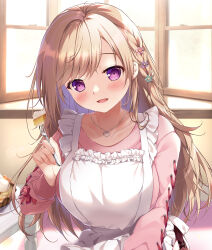 Rule 34 | 1girl, apron, blush, breasts, brown hair, cake, collarbone, commentary request, food, fork, hair ornament, hairclip, highres, holding, holding food, holding fork, indoors, jewelry, large breasts, long sleeves, looking at viewer, mikeou, necklace, open mouth, original, pink shirt, plate, purple eyes, shirt, smile, solo, twitter username, upper body, white apron, window