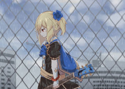 Rule 34 | 1girl, absurdres, ascot, black shirt, black skirt, blonde hair, blue ascot, blue flower, blue sky, blurry, blurry background, blush, building, chain-link fence, cloud, cloudy sky, crane (machine), day, depth of field, elbow gloves, electric guitar, fence, fingerless gloves, flower, girls&#039; frontline, gloves, guitar, hair flower, hair ornament, highres, holding, holding instrument, instrument, matsuo (matuonoie), nagant revolver (astral bond) (girls&#039; frontline), nagant revolver (girls&#039; frontline), official alternate costume, one side up, outdoors, parted lips, profile, puffy short sleeves, puffy sleeves, rain, red eyes, shirt, short sleeves, skirt, sky, solo, white gloves
