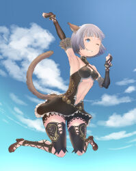 Rule 34 | 1girl, animal ears, arm up, armpits, adventurer (ff11), black bridal gauntlets, black dress, black shorts, blue eyes, blue sky, bracelet, breasts, bridal gauntlets, brown footwear, brown tail, cactus41747280, cat ears, cat girl, cat tail, cleavage, clothing cutout, cloud, cross-laced clothes, dancer (final fantasy), day, dress, final fantasy, final fantasy xi, frilled dress, frills, grey hair, grin, halter dress, halterneck, heart, highres, jewelry, medium breasts, mithra (ff11), navel cutout, no eyebrows, no nose, one eye closed, shoes, short dress, short hair, shorts, shorts under dress, sky, smile, solo, tail, tail raised, teeth