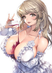 Rule 34 | 1girl, :p, absurdres, alcohol, arm under breasts, bare shoulders, blush, breasts, brown eyes, brown hair, center opening, character request, cleavage, cup, dress, drinking glass, elbow gloves, frilled dress, frills, from above, gloves, gougasha akira, highres, hinamori rico, holding, holding cup, huge breasts, indie virtual youtuber, long hair, looking at viewer, nail polish, pouring, pouring onto self, red nails, simple background, solo, tongue, tongue out, virtual youtuber, white background, white dress, white gloves, wine, wine glass