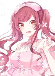 Rule 34 | 1girl, bare shoulders, blurry, blush, bow, breasts, brown hair, cleavage, collarbone, depth of field, dot nose, flower, hair bow, hair flower, hair ornament, hair ribbon, hand up, highres, idolmaster, idolmaster shiny colors, long hair, looking at viewer, medium breasts, nail polish, off-shoulder shirt, off shoulder, open mouth, osaki amana, pink flower, pink nails, pink ribbon, pink shirt, pipi o (pipioo08), ribbon, see-through, see-through sleeves, shirt, short sleeves, simple background, smile, solo, swept bangs, twitter username, upper body, white background, yellow eyes