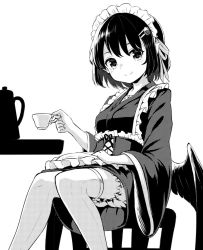 Rule 34 | 1girl, alternate costume, alternate headwear, bird wings, bloomers, commentary request, cup, enmaided, feathered wings, greyscale, knees together feet apart, looking at viewer, maid, maid headdress, monochrome, pointy ears, pyonsuke (pyon2 mfg), shameimaru aya, short hair, sitting, smile, solo, teacup, thighhighs, touhou, underwear, wings