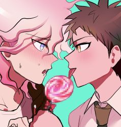 Rule 34 | 2boys, bad id, bad twitter id, blue eyes, blush, bow, brown eyes, candy, censored, collared shirt, danganronpa (series), danganronpa 2: goodbye despair, eye contact, food, from side, green background, green necktie, hand up, highres, hinata hajime, komaeda nagito, kusamotitabetai, lollipop, looking at another, male focus, mosaic censoring, multicolored hair, multiple boys, necktie, pink bow, pink hair, saliva, shirt, teeth, two-tone hair, upper teeth only, white shirt, yaoi